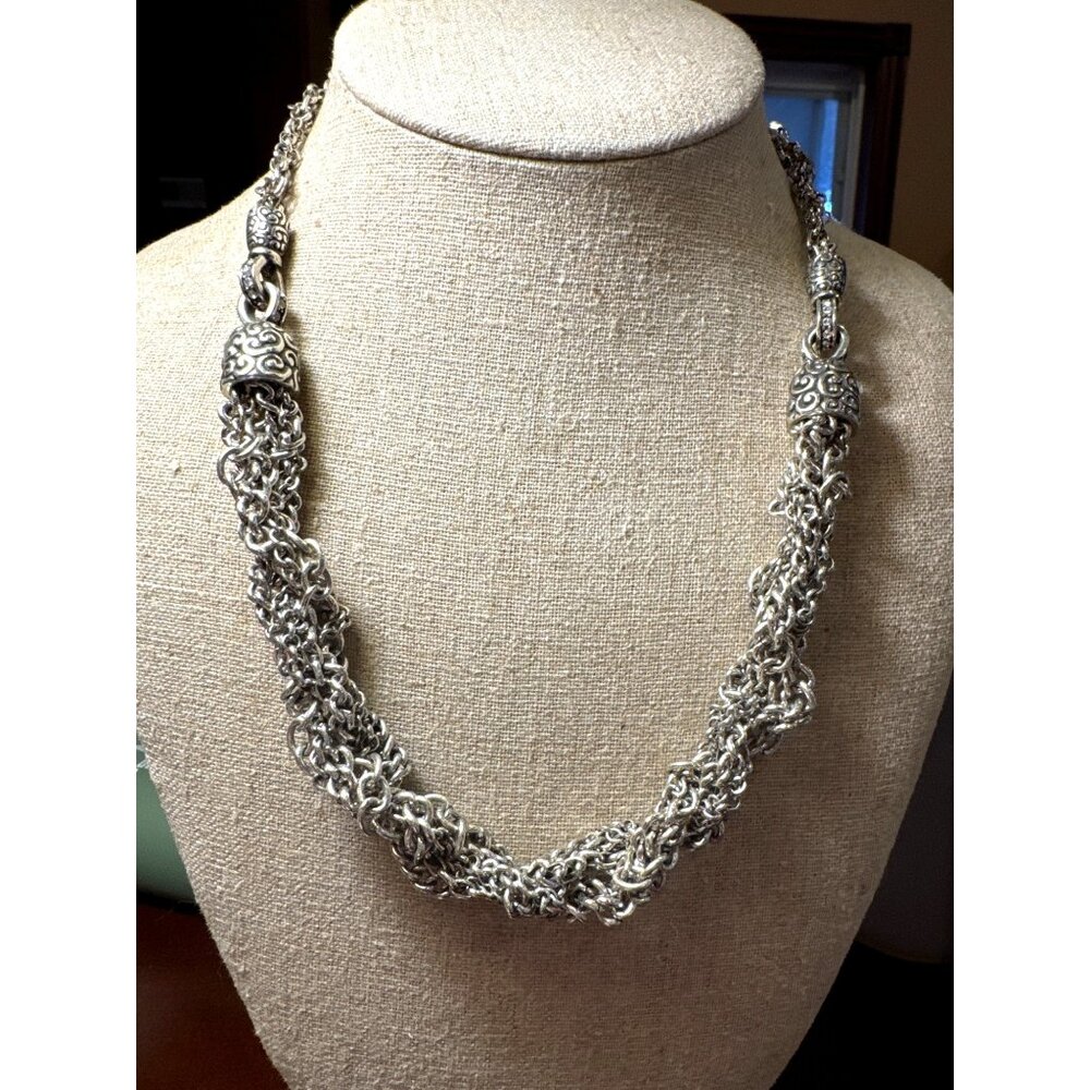 Brighton Silver Scroll Link Multi-Chain Twisted Necklace Heart Charm Retired
